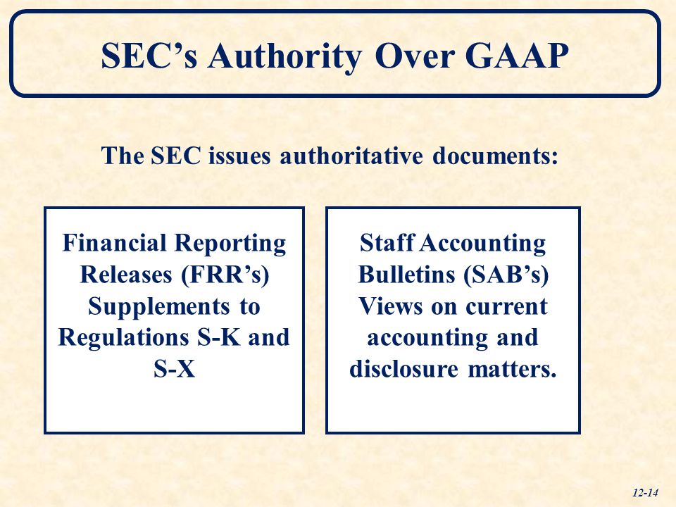 The SEC issues authoritative documents: Financial Reporting Releases (FRR’s) Supplements to Regulations S-K and S-X Staff Accounting Bulletins (SAB’s) Views on current accounting and disclosure matters.