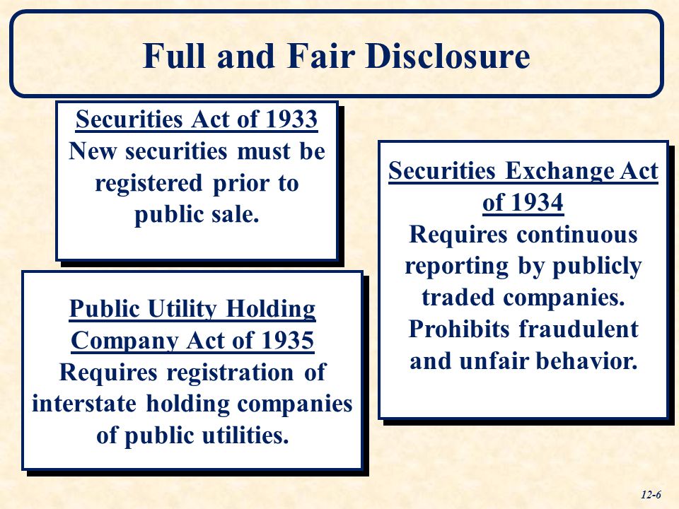 Full and Fair Disclosure Securities Act of 1933 New securities must be registered prior to public sale.
