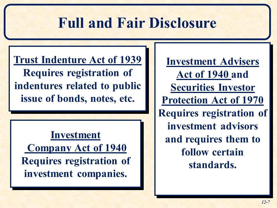 Full and Fair Disclosure Trust Indenture Act of 1939 Requires registration of indentures related to public issue of bonds, notes, etc.