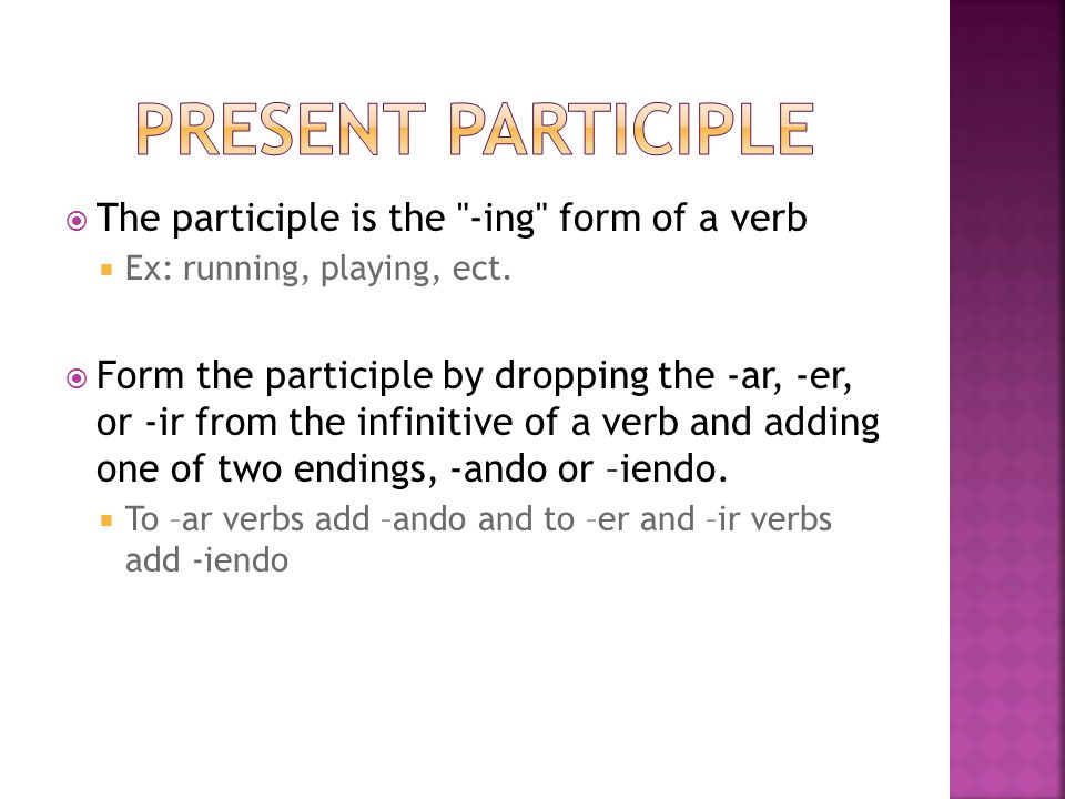  The participle is the -ing form of a verb  Ex: running, playing, ect.
