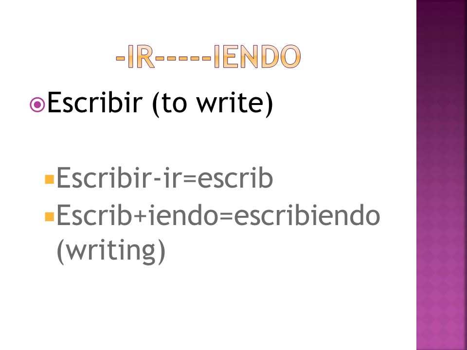  Escribir (to write)  Escribir-ir=escrib  Escrib+iendo=escribiendo (writing)