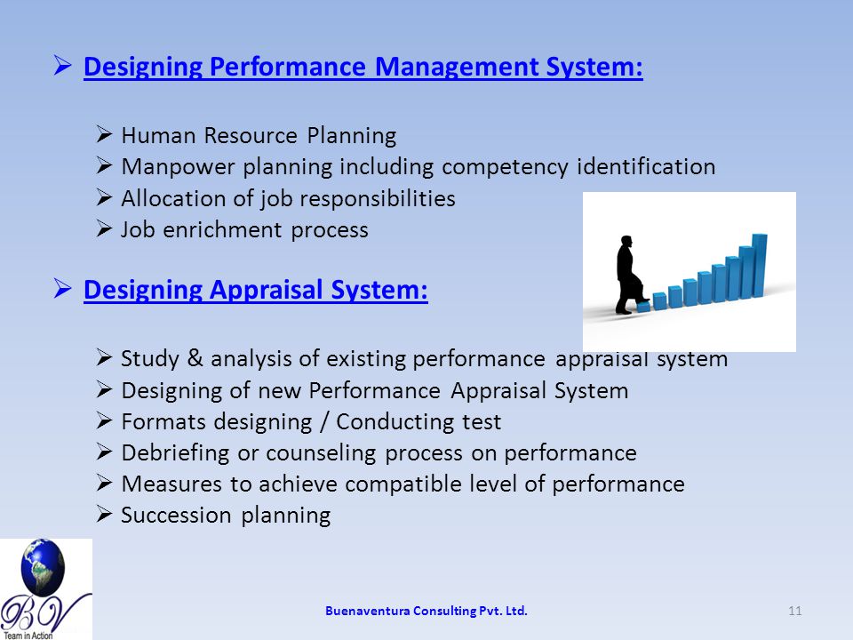  Designing Performance Management System:  Human Resource Planning  Manpower planning including competency identification  Allocation of job responsibilities  Job enrichment process  Designing Appraisal System:  Study & analysis of existing performance appraisal system  Designing of new Performance Appraisal System  Formats designing / Conducting test  Debriefing or counseling process on performance  Measures to achieve compatible level of performance  Succession planning Buenaventura Consulting Pvt.
