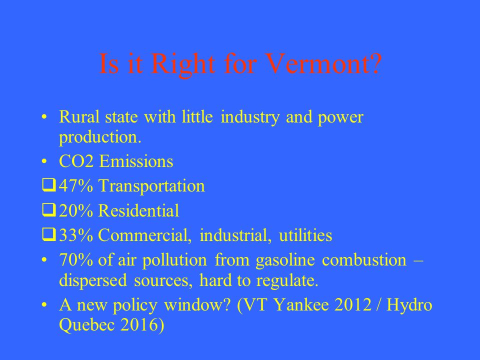 Is it Right for Vermont. Rural state with little industry and power production.