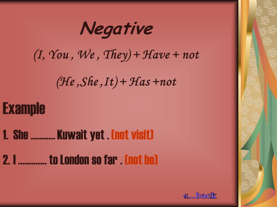 Negative (I, You, We, They) + Have + not (He,She,It) + Has +not Example 1.She ………..