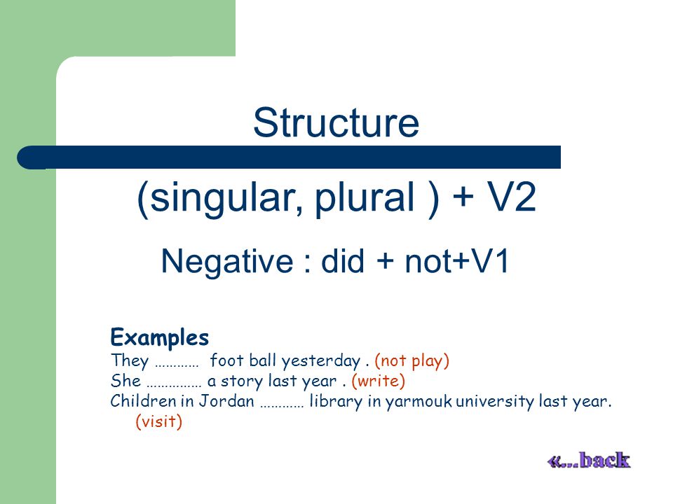 Structure (singular, plural ) + V2 Negative : did + not+V1 Examples They ………… foot ball yesterday.