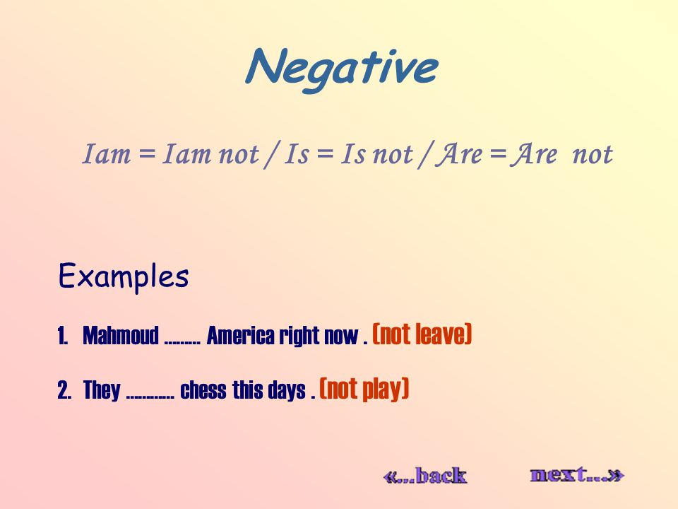 Negative Iam = Iam not / Is = Is not / Are = Are not Examples 1.Mahmoud ……… America right now.
