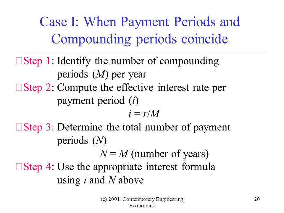 (c) 2001 Contemporary Engineering Economics 20 Case I: When Payment Periods and Compounding periods coincide Step 1: Identify the number of compounding periods (M) per year Step 2: Compute the effective interest rate per payment period (i) i = r/M Step 3: Determine the total number of payment periods (N) N = M (number of years) Step 4: Use the appropriate interest formula using i and N above