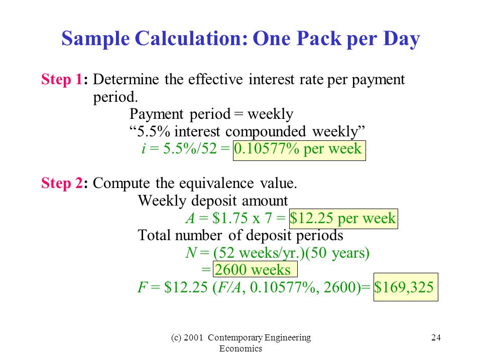 (c) 2001 Contemporary Engineering Economics 24 Sample Calculation: One Pack per Day Step 1: Determine the effective interest rate per payment period.