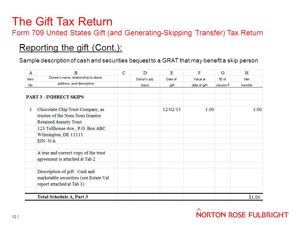 The Gift Tax Return Form 709 United States Gift (and Generating-Skipping Transfer) Tax Return 12 Reporting the gift (Cont.): Sample description of cash and securities bequest to a GRAT that may benefit a skip person
