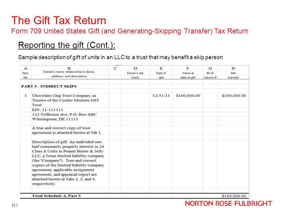 The Gift Tax Return Form 709 United States Gift (and Generating-Skipping Transfer) Tax Return 13 Reporting the gift (Cont.): Sample description of gift of units in an LLC to a trust that may benefit a skip person