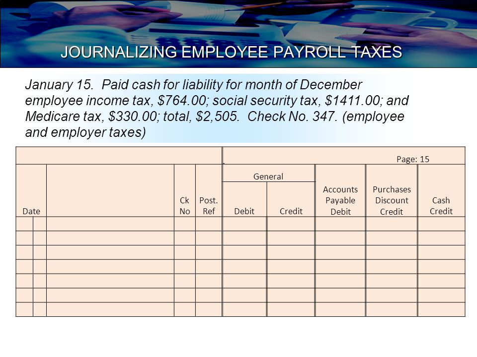 JOURNALIZING EMPLOYEE PAYROLL TAXES Page: 15 Date Ck No Post.