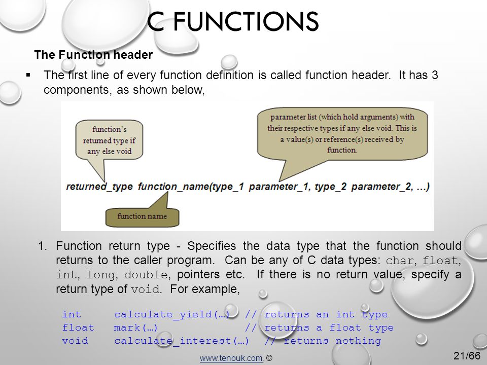 Functions in c. ' : Missing function header. Return Type Void c. Return Type Type of the value Returned by a function..