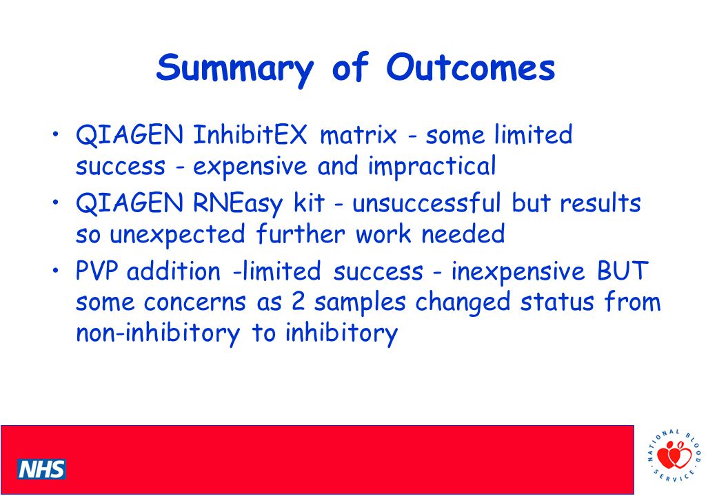 PCS Conference Summary of Outcomes QIAGEN InhibitEX matrix - some limited success - expensive and impractical QIAGEN RNEasy kit - unsuccessful but results so unexpected further work needed PVP addition -limited success - inexpensive BUT some concerns as 2 samples changed status from non-inhibitory to inhibitory