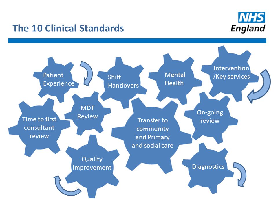 The 10 Clinical Standards Patient Experience Time to first consultant review MDT Review Shift Handovers Transfer to community and Primary and social care Mental Health Quality Improvement Diagnostics On-going review Intervention /Key services