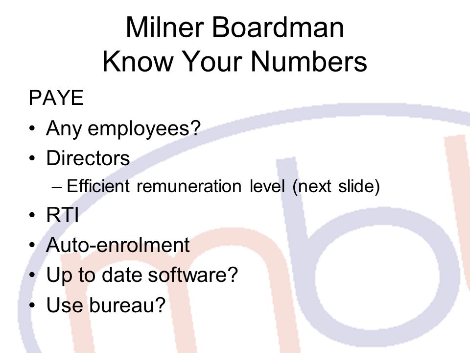 Milner Boardman Know Your Numbers PAYE Any employees.