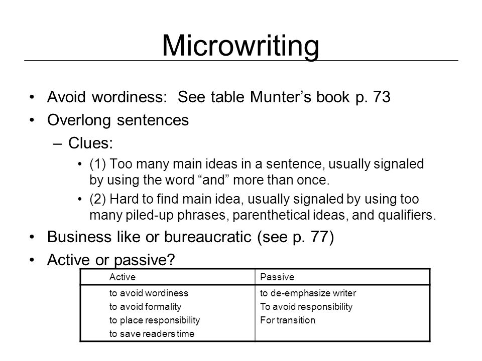Microwriting Avoid wordiness: See table Munter’s book p.