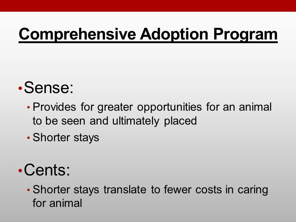 Comprehensive Adoption Program Sense: Provides for greater opportunities for an animal to be seen and ultimately placed Shorter stays Cents: Shorter stays translate to fewer costs in caring for animal