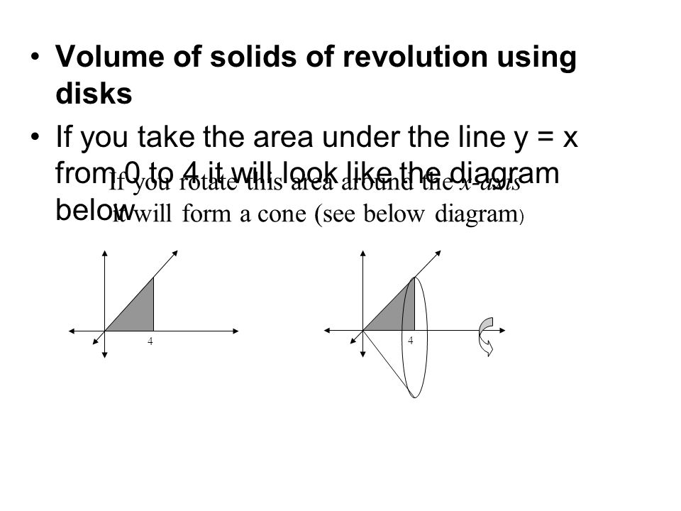 Volume of solids of revolution using disks If you take the area under the line y = x from 0 to 4 it will look like the diagram below 4 If you rotate this area around the x-axis it will form a cone (see below diagram ) 4