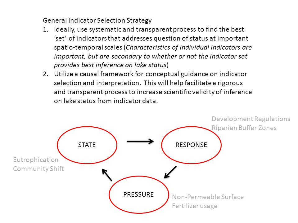 General Indicator Selection Strategy 1.Ideally, use systematic and transparent process to find the best ‘set’ of indicators that addresses question of status at important spatio-temporal scales (Characteristics of individual indicators are important, but are secondary to whether or not the indicator set provides best inference on lake status) 2.Utilize a causal framework for conceptual guidance on indicator selection and interpretation.