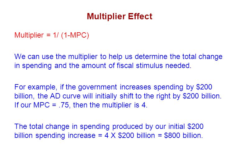 Multiplier Effect Multiplier = 1/ (1-MPC) We can use the multiplier to help us determine the total change in spending and the amount of fiscal stimulus needed.
