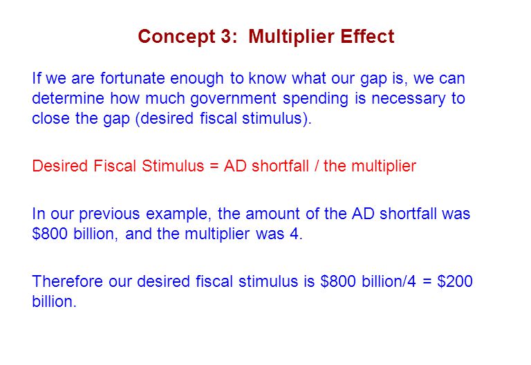 Concept 3: Multiplier Effect If we are fortunate enough to know what our gap is, we can determine how much government spending is necessary to close the gap (desired fiscal stimulus).