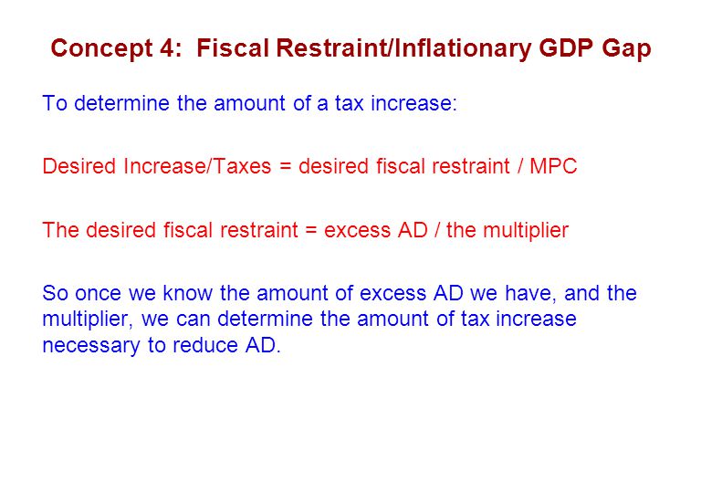 Concept 4: Fiscal Restraint/Inflationary GDP Gap To determine the amount of a tax increase: Desired Increase/Taxes = desired fiscal restraint / MPC The desired fiscal restraint = excess AD / the multiplier So once we know the amount of excess AD we have, and the multiplier, we can determine the amount of tax increase necessary to reduce AD.