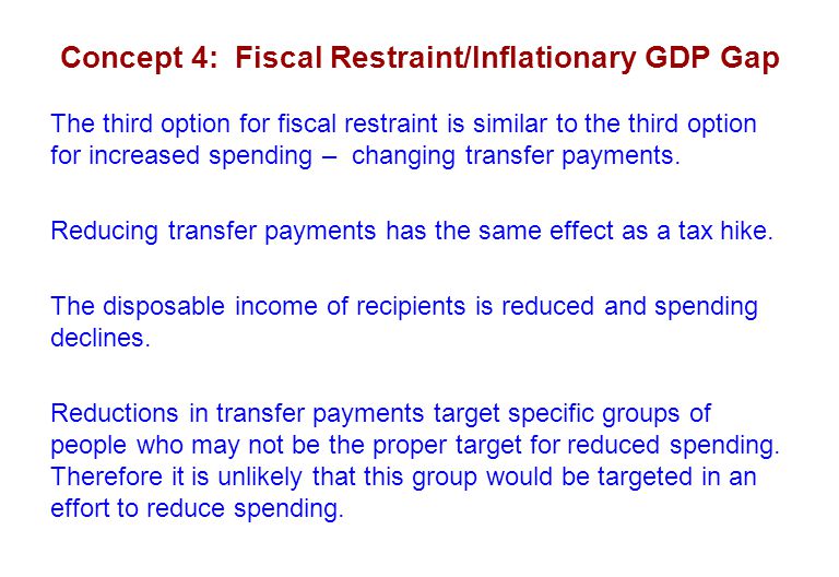 Concept 4: Fiscal Restraint/Inflationary GDP Gap The third option for fiscal restraint is similar to the third option for increased spending – changing transfer payments.