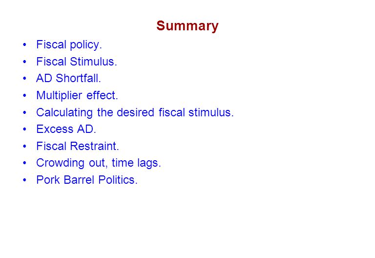 Summary Fiscal policy. Fiscal Stimulus. AD Shortfall.