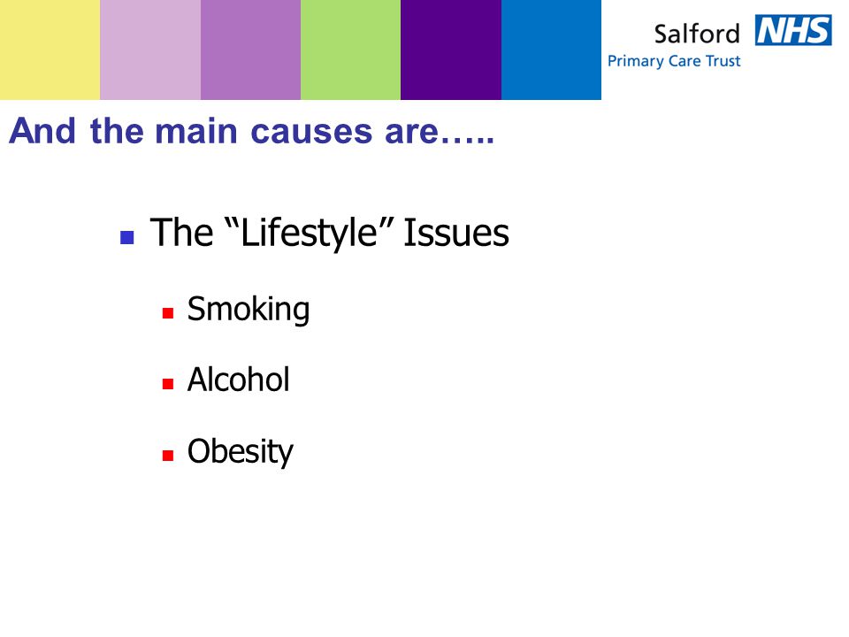 And the main causes are….. The Lifestyle Issues Smoking Alcohol Obesity