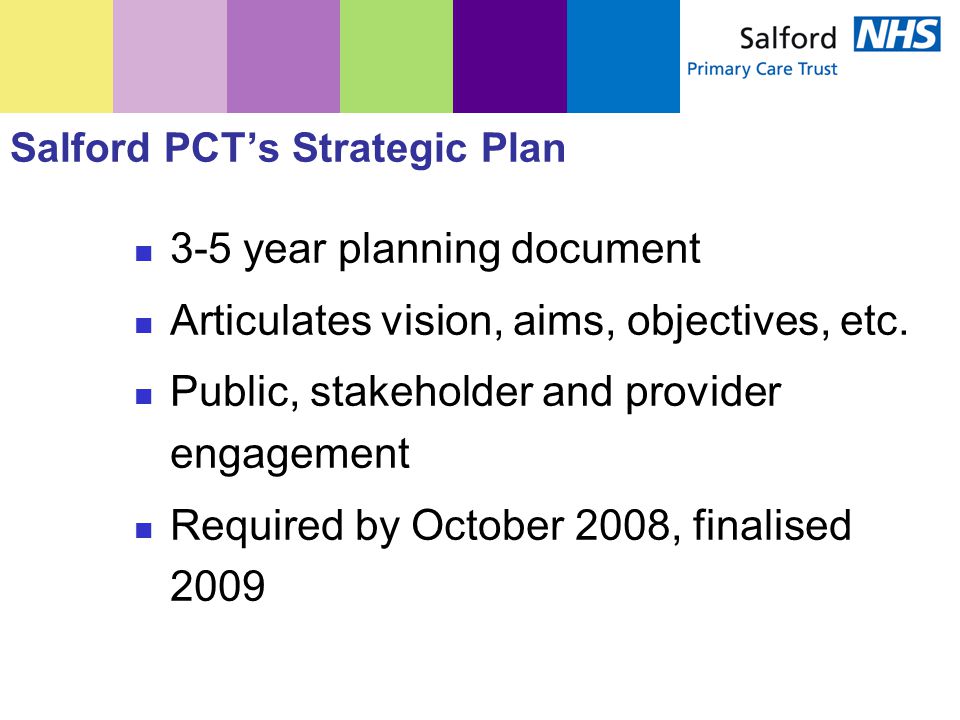 Salford PCT’s Strategic Plan 3-5 year planning document Articulates vision, aims, objectives, etc.