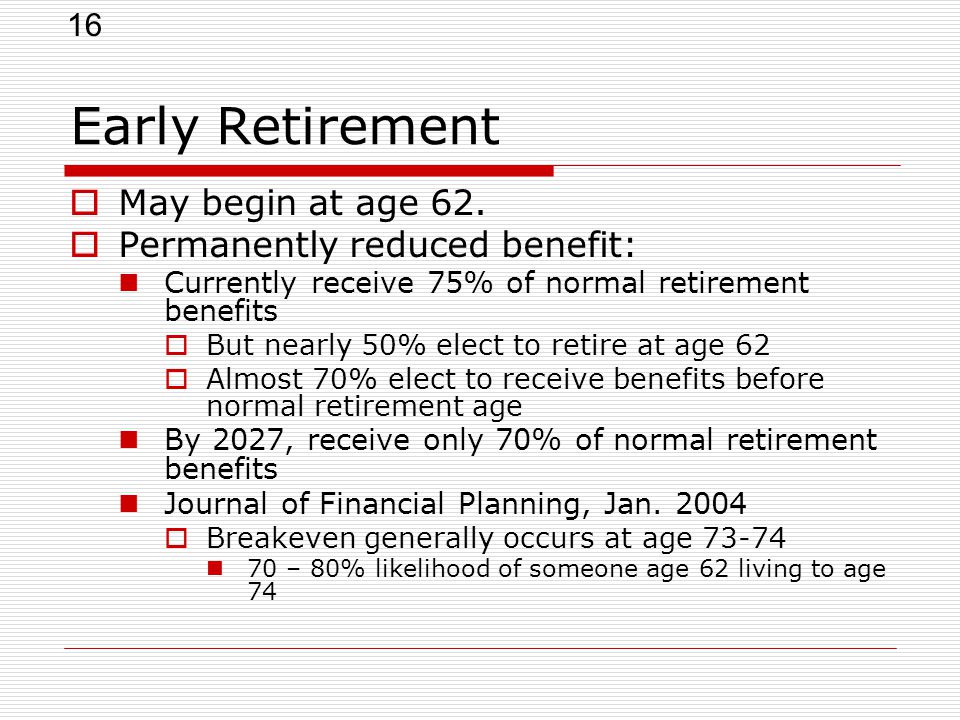 16 Early Retirement  May begin at age 62.