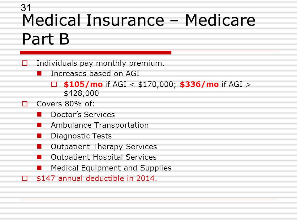 31 Medical Insurance – Medicare Part B  Individuals pay monthly premium.