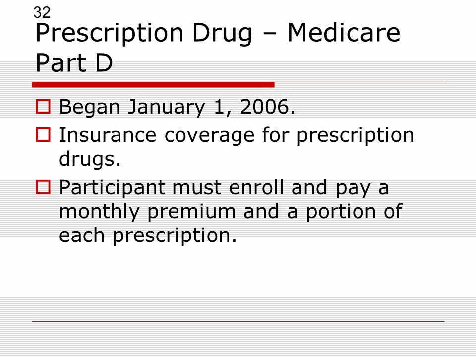 32 Prescription Drug – Medicare Part D  Began January 1, 2006.