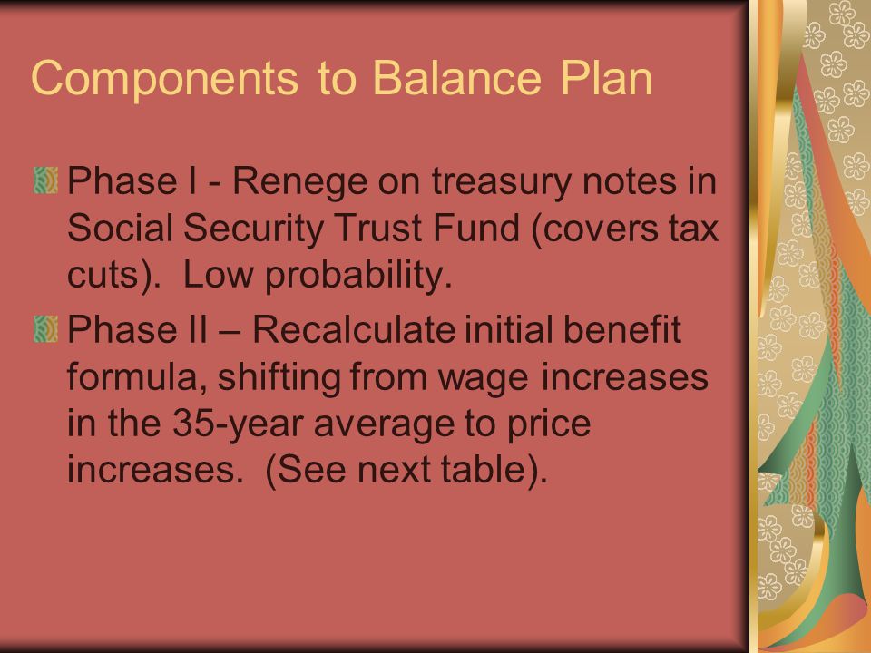 Components to Balance Plan Phase I - Renege on treasury notes in Social Security Trust Fund (covers tax cuts).