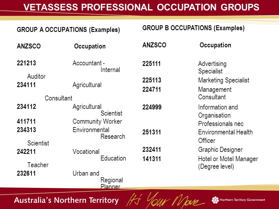 GROUP A OCCUPATIONS (Examples) ANZSCO Occupation Accountant - Internal Auditor Agricultural Consultant Agricultural Scientist Community Worker Environmental Research Scientist Vocational Education Teacher Urban and Regional Planner GROUP B OCCUPATIONS (Examples) ANZSCO Occupation Advertising Specialist Marketing Specialist Management Consultant Information and Organisation Professionals nec Environmental Health Officer Graphic Designer Hotel or Motel Manager (Degree level) VETASSESS PROFESSIONAL OCCUPATION GROUPS
