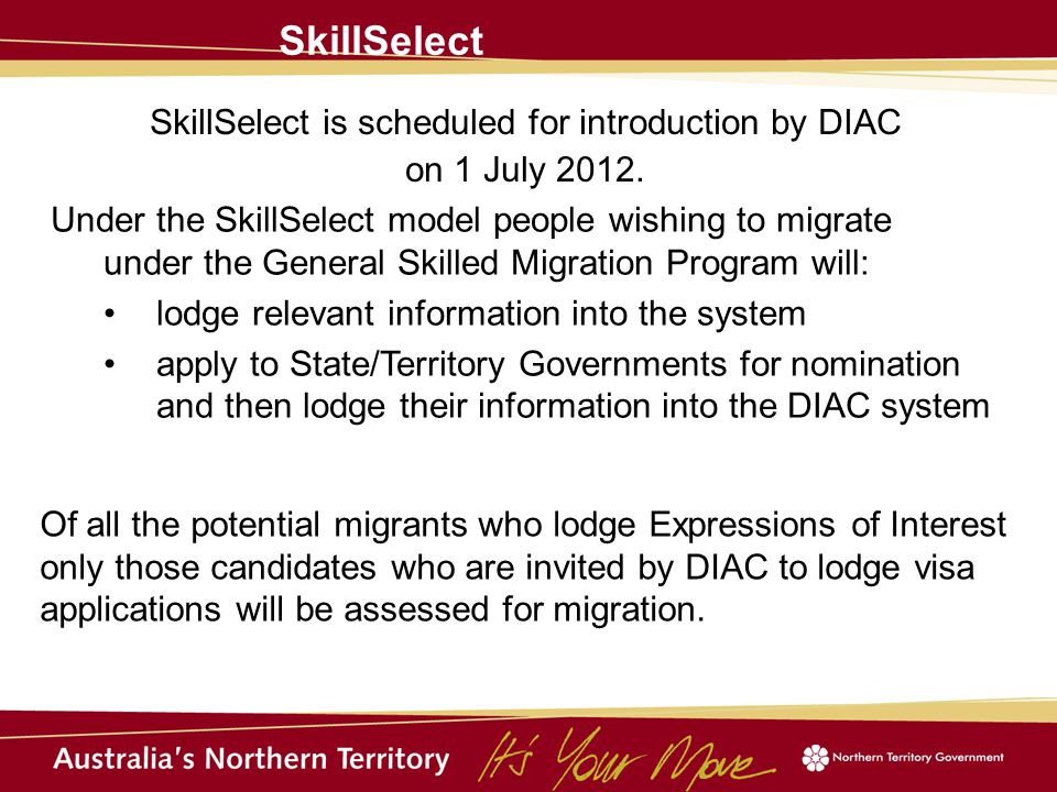 SkillSelect SkillSelect is scheduled for introduction by DIAC on 1 July 2012.