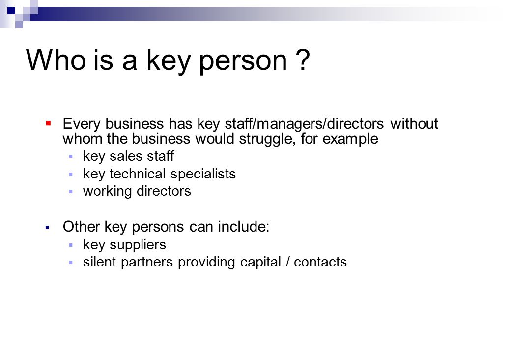  Every business has key staff/managers/directors without whom the business would struggle, for example  key sales staff  key technical specialists  working directors  Other key persons can include:  key suppliers  silent partners providing capital / contacts Who is a key person