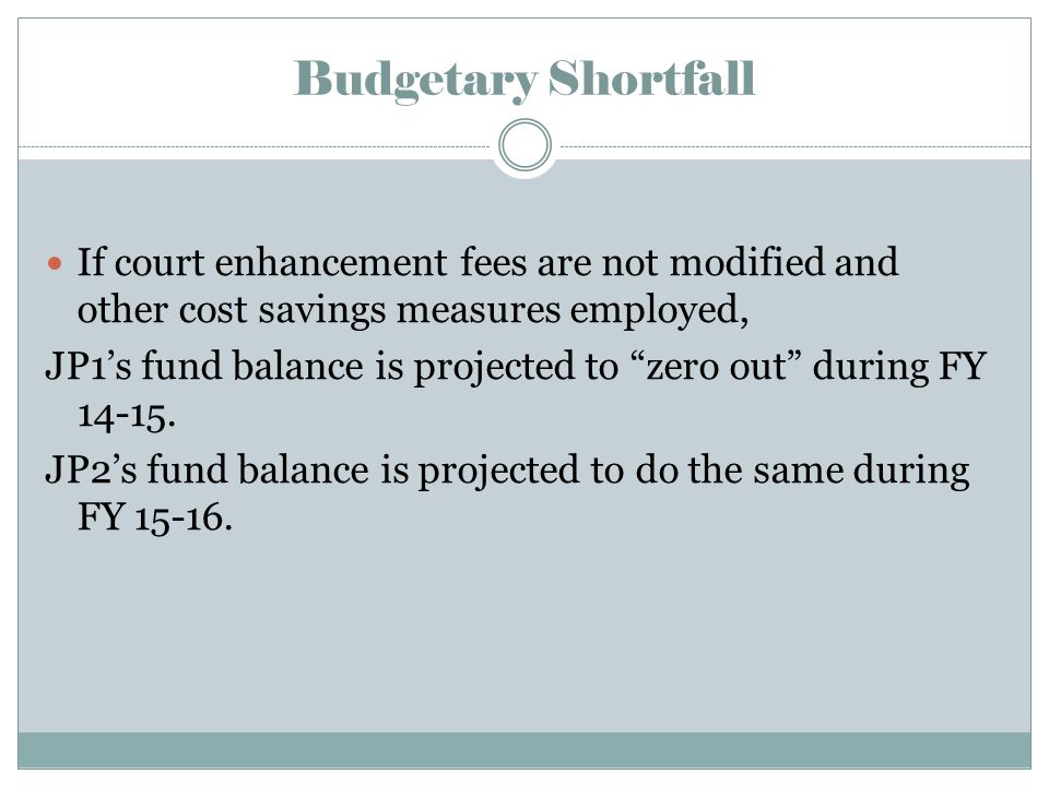 Budgetary Shortfall If court enhancement fees are not modified and other cost savings measures employed, JP1’s fund balance is projected to zero out during FY