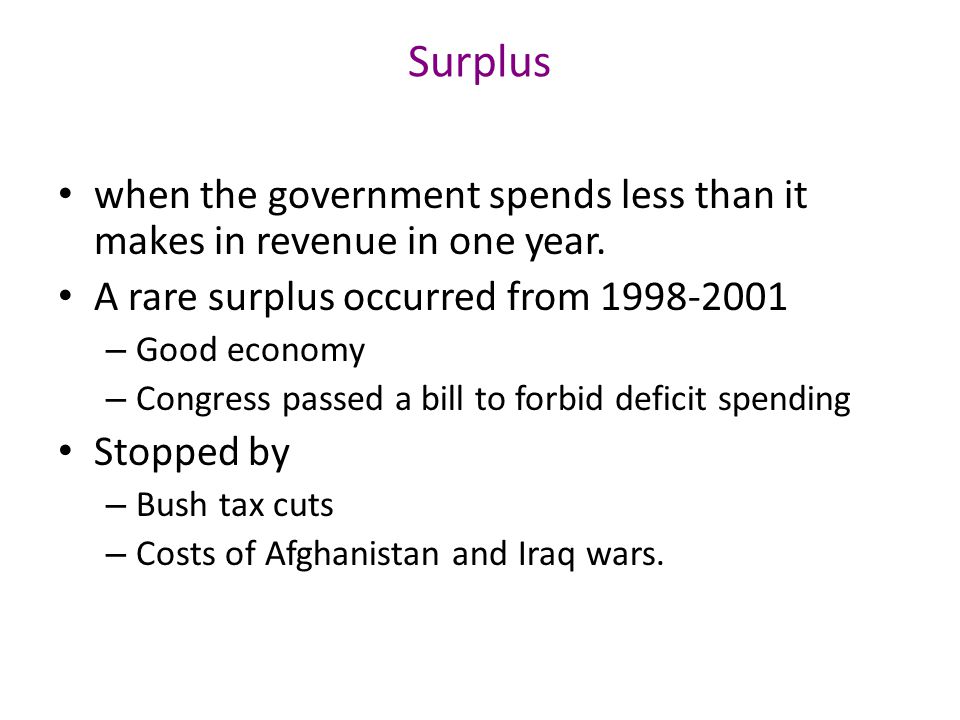 Surplus when the government spends less than it makes in revenue in one year.