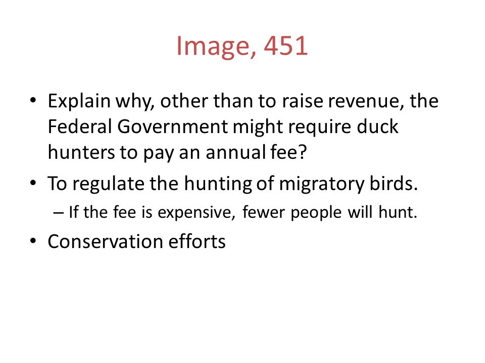 Image, 451 Explain why, other than to raise revenue, the Federal Government might require duck hunters to pay an annual fee.