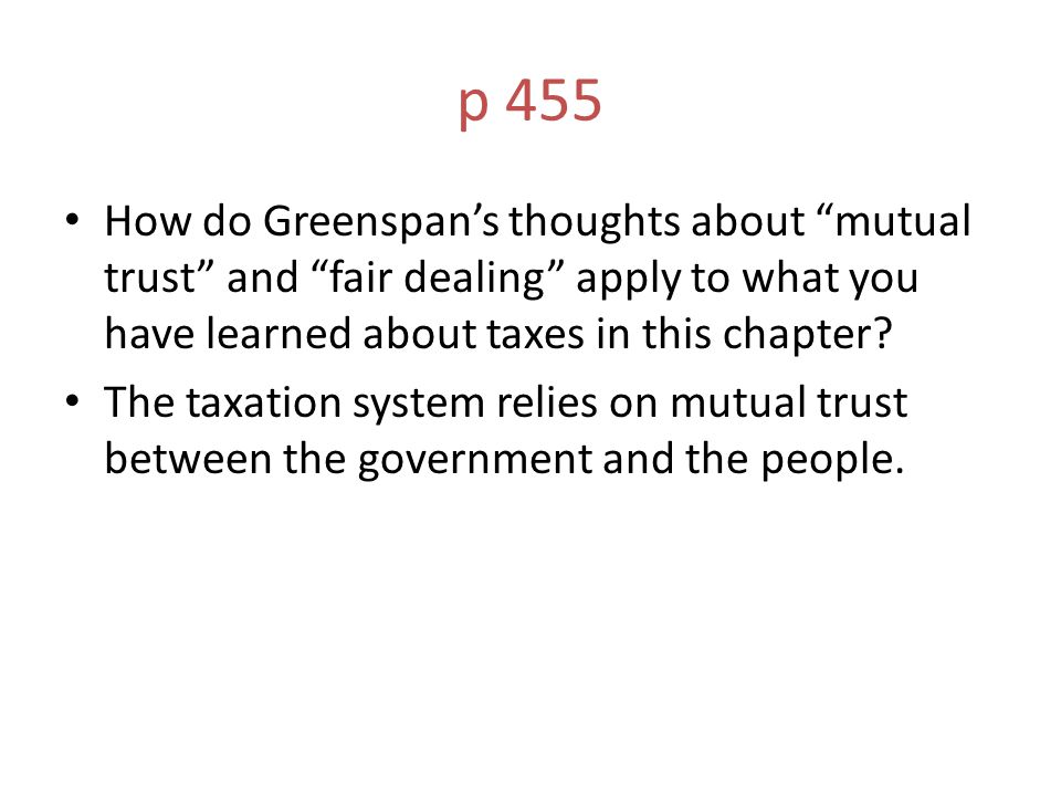 p 455 How do Greenspan’s thoughts about mutual trust and fair dealing apply to what you have learned about taxes in this chapter.