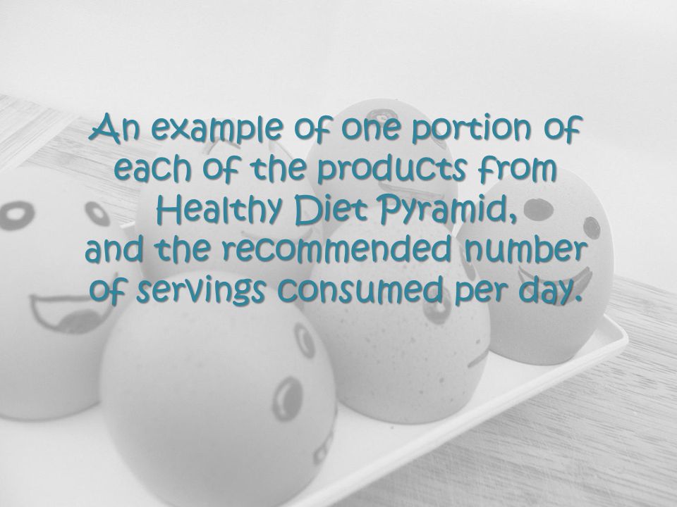 An example of one portion of each of the products from Healthy Diet Pyramid, and the recommended number of servings consumed per day.
