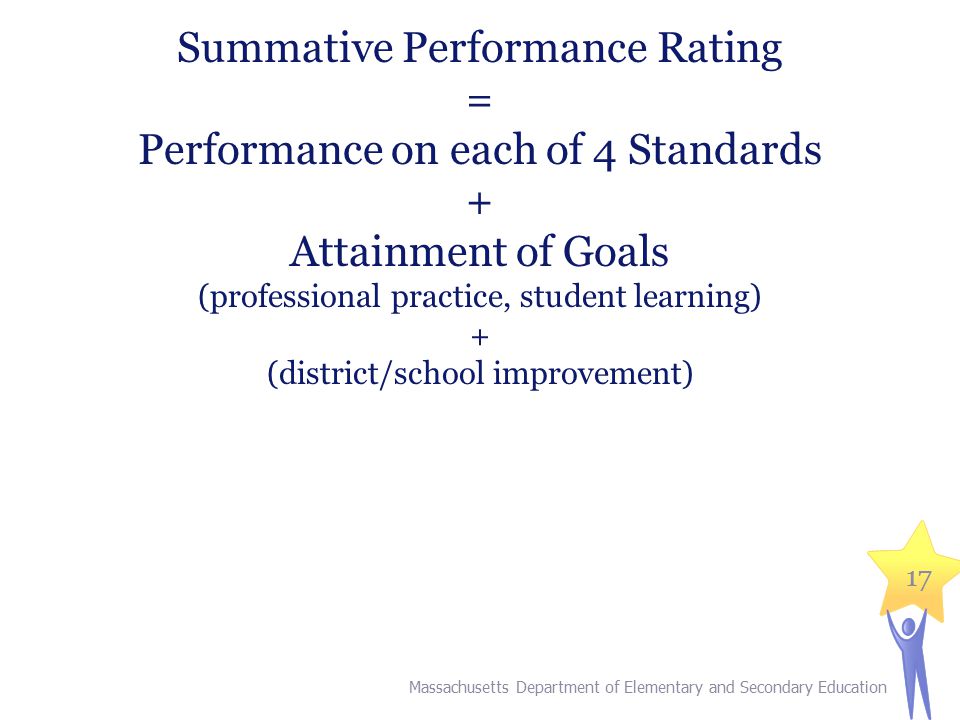 17 Summative Performance Rating = Performance on each of 4 Standards + Attainment of Goals (professional practice, student learning) + (district/school improvement) Massachusetts Department of Elementary and Secondary Education 17