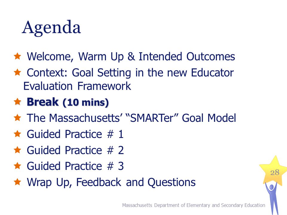 28 Agenda  Welcome, Warm Up & Intended Outcomes  Context: Goal Setting in the new Educator Evaluation Framework  Break (10 mins)  The Massachusetts’ SMARTer Goal Model  Guided Practice # 1  Guided Practice # 2  Guided Practice # 3  Wrap Up, Feedback and Questions Massachusetts Department of Elementary and Secondary Education