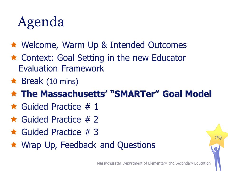 29 Agenda  Welcome, Warm Up & Intended Outcomes  Context: Goal Setting in the new Educator Evaluation Framework  Break (10 mins)  The Massachusetts’ SMARTer Goal Model  Guided Practice # 1  Guided Practice # 2  Guided Practice # 3  Wrap Up, Feedback and Questions Massachusetts Department of Elementary and Secondary Education