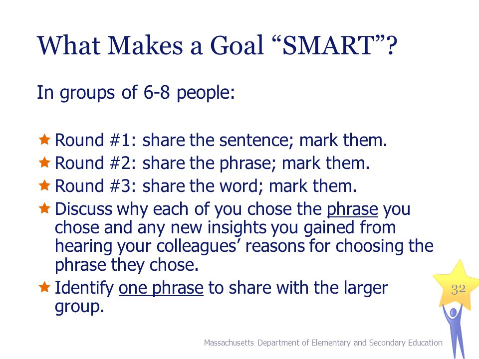32 What Makes a Goal SMART . In groups of 6-8 people:  Round #1: share the sentence; mark them.