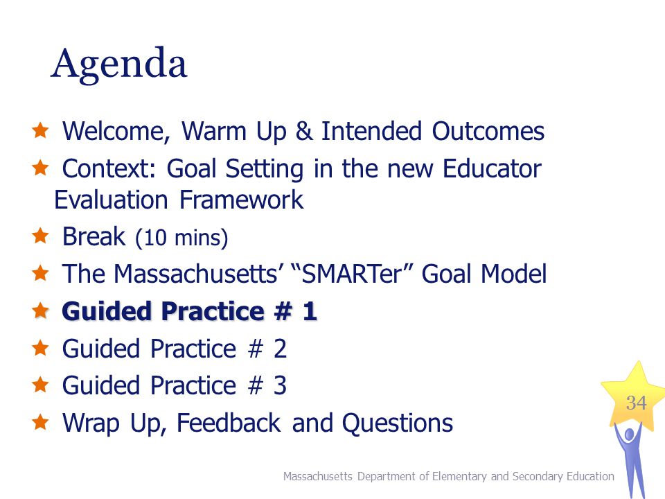 34 Agenda  Welcome, Warm Up & Intended Outcomes  Context: Goal Setting in the new Educator Evaluation Framework  Break (10 mins)  The Massachusetts’ SMARTer Goal Model  Guided Practice # 1  Guided Practice # 2  Guided Practice # 3  Wrap Up, Feedback and Questions Massachusetts Department of Elementary and Secondary Education