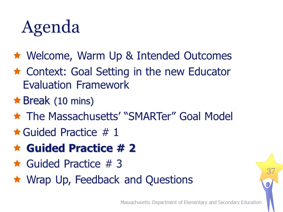 37 Agenda  Welcome, Warm Up & Intended Outcomes  Context: Goal Setting in the new Educator Evaluation Framework  Break (10 mins)  The Massachusetts’ SMARTer Goal Model  Guided Practice # 1 Guided Practice # 2  Guided Practice # 2  Guided Practice # 3  Wrap Up, Feedback and Questions Massachusetts Department of Elementary and Secondary Education