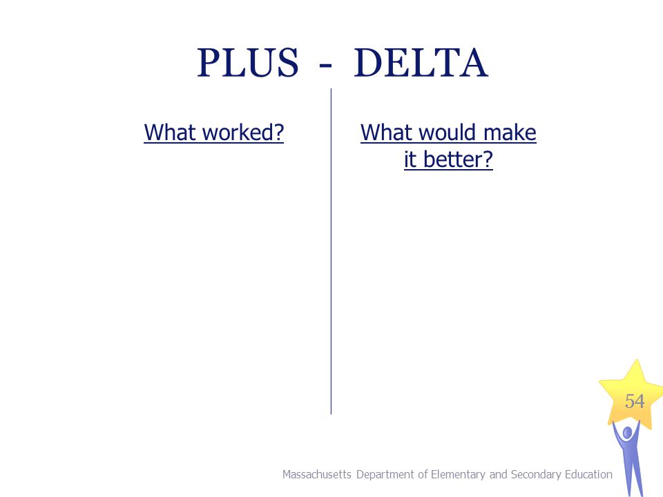 54 PLUS - DELTA Massachusetts Department of Elementary and Secondary Education What worked What would make it better