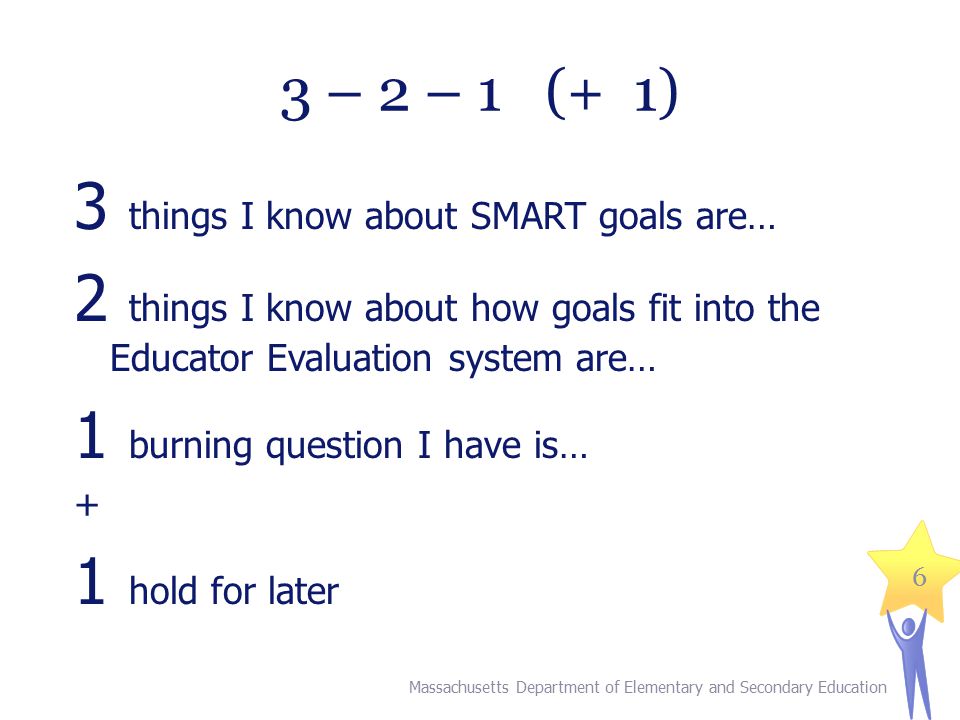 6 3 – 2 – 1 (+ 1) 3 things I know about SMART goals are… 2 things I know about how goals fit into the Educator Evaluation system are… 1 burning question I have is… + 1 hold for later Massachusetts Department of Elementary and Secondary Education